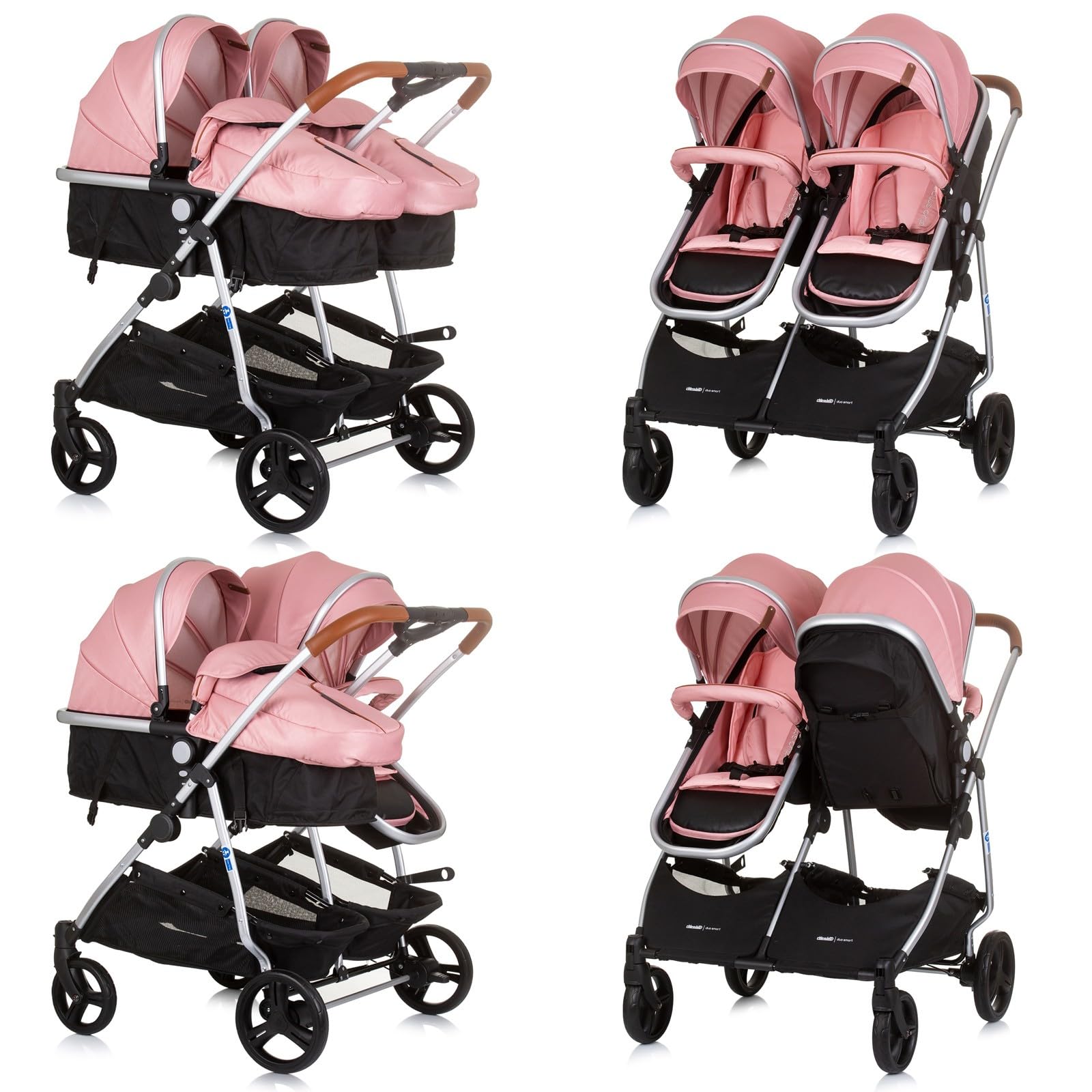 DUO SMART Poussette jumeaux ou enfants rapprochés largeur 79 cm Flamant rose sans cosy