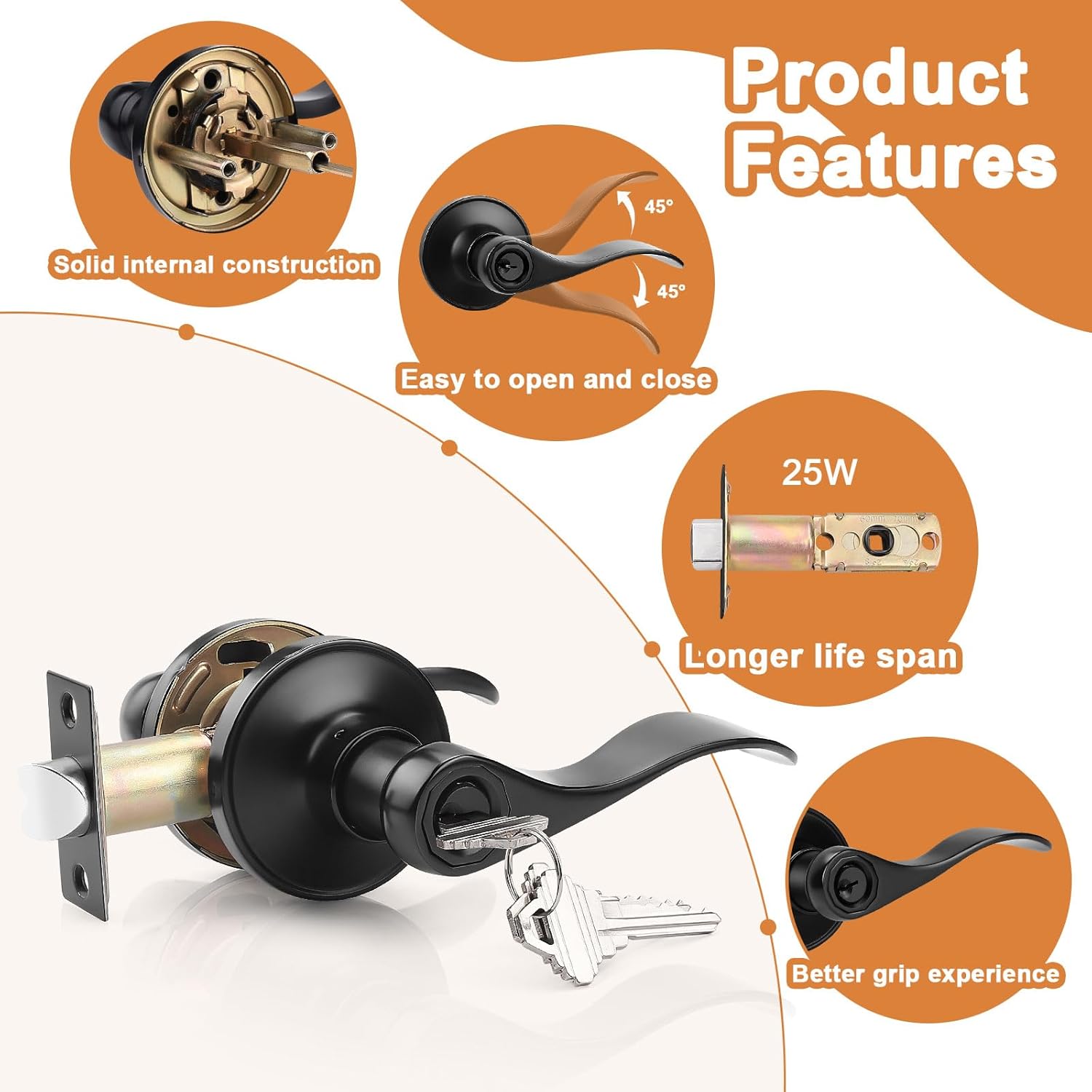 Probrico (4 Pack Black Entry Knobs with Lock and Key, Keyed Alike Lockset Combo Pack, Indoor and Outdoor Leversets, Reversible for Both Left and Right Open