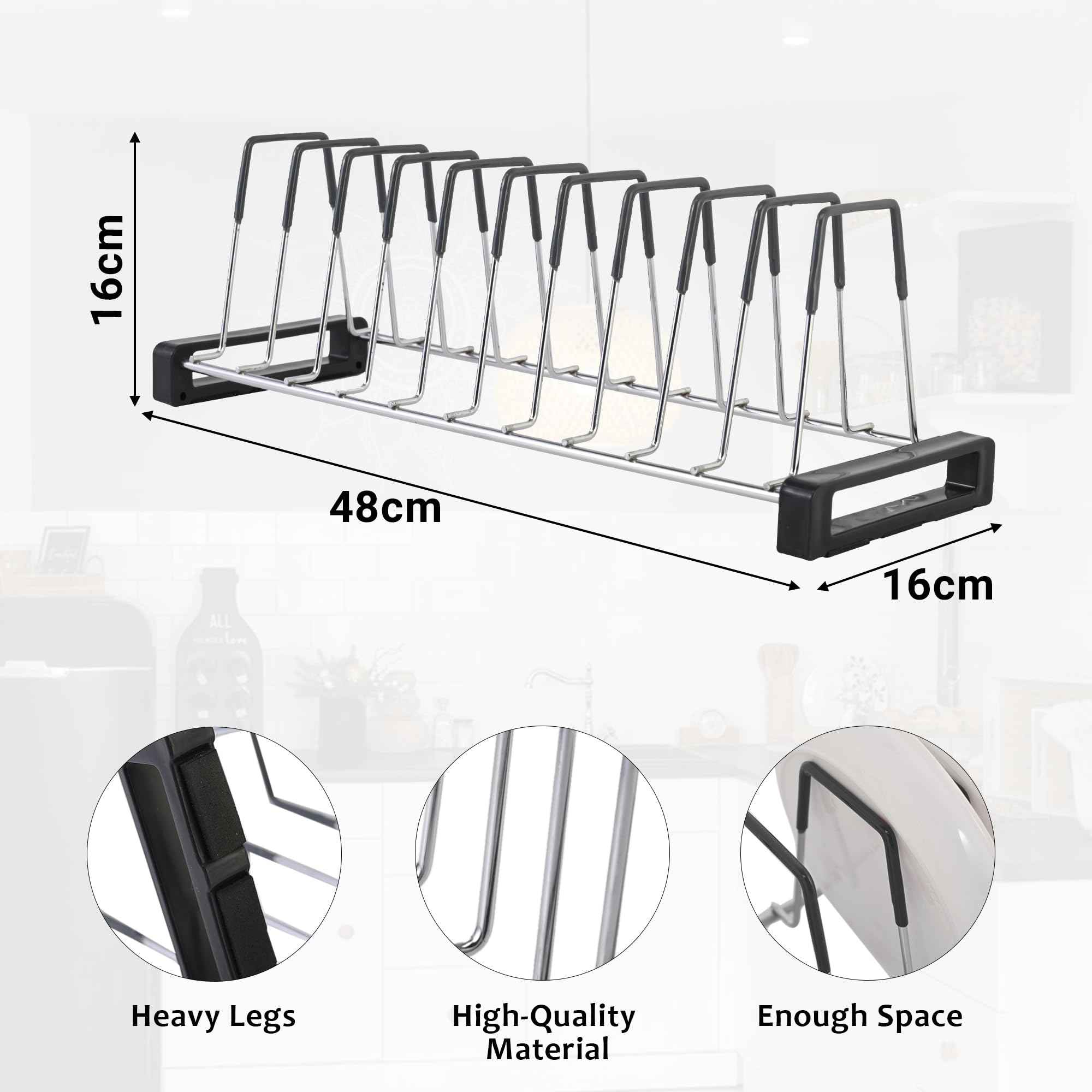 Kuber Industries Zestaw 2 stojaków na talerze ze stali nierdzewnej do kuchni, 50 cm, organizer na naczynia z gumowym uchwytem, 10 sekcji, srebrny i szary