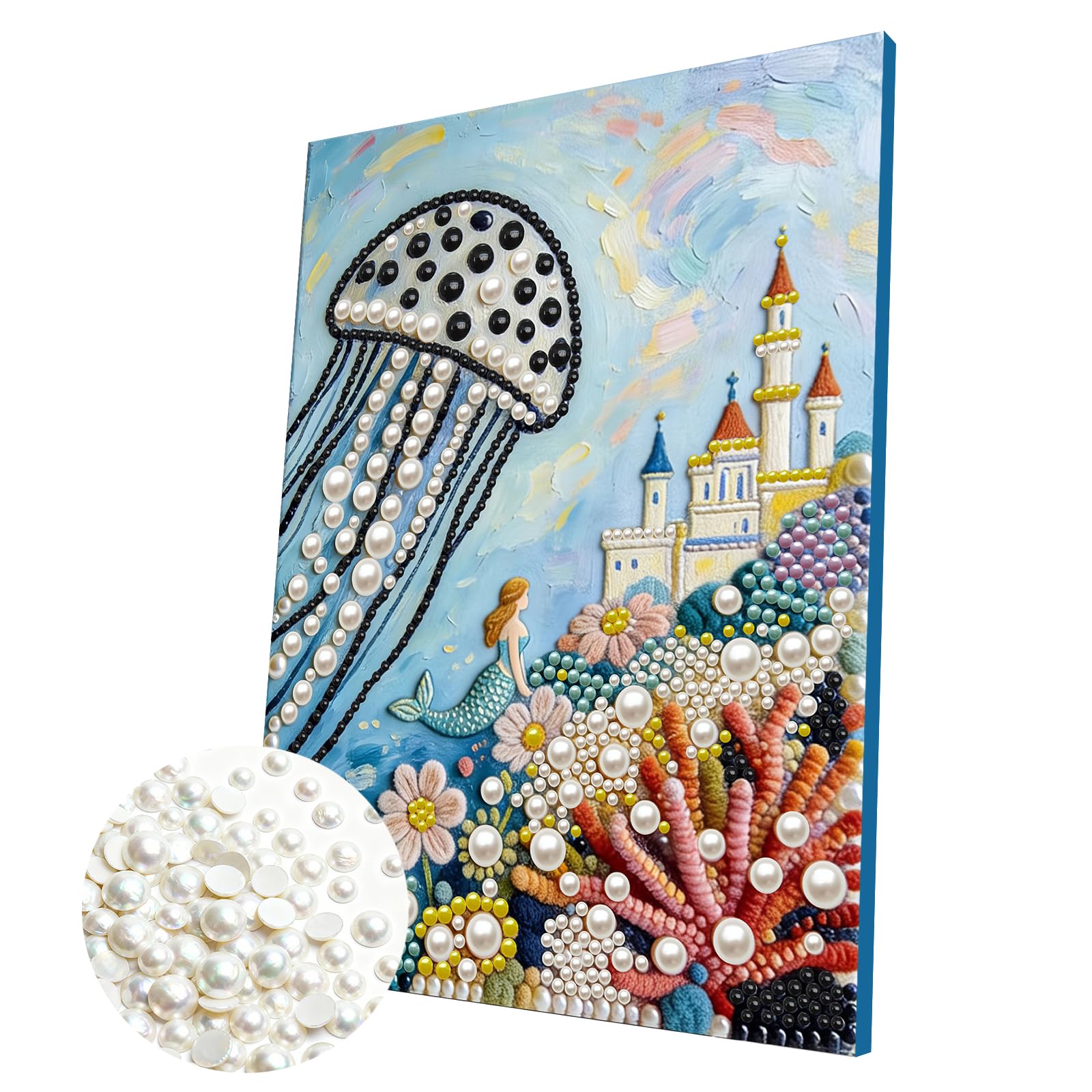 DIY Pearl Painting Kit with Wooden Frame, 3D Plastic Pearl Gemstone Ocean Art Craft for Adults Beginners, Diamond Dot Painting, Home Wall Decor Ready Gift for Women(Ocean Jellyfish)(30 * 40cm)