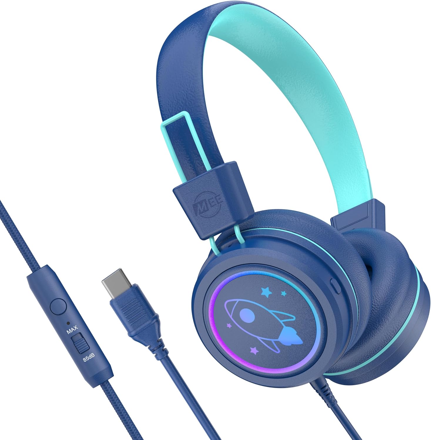 MEE audio KidJamz KJ55 Safe Listening USB-C Headphones for Children with Multicolor LED Lights, Volume Limiter, & Microphone; On-Ear Wired Kids Headset for iPhone 16, iPad, & USB Type C Devices (Blue)