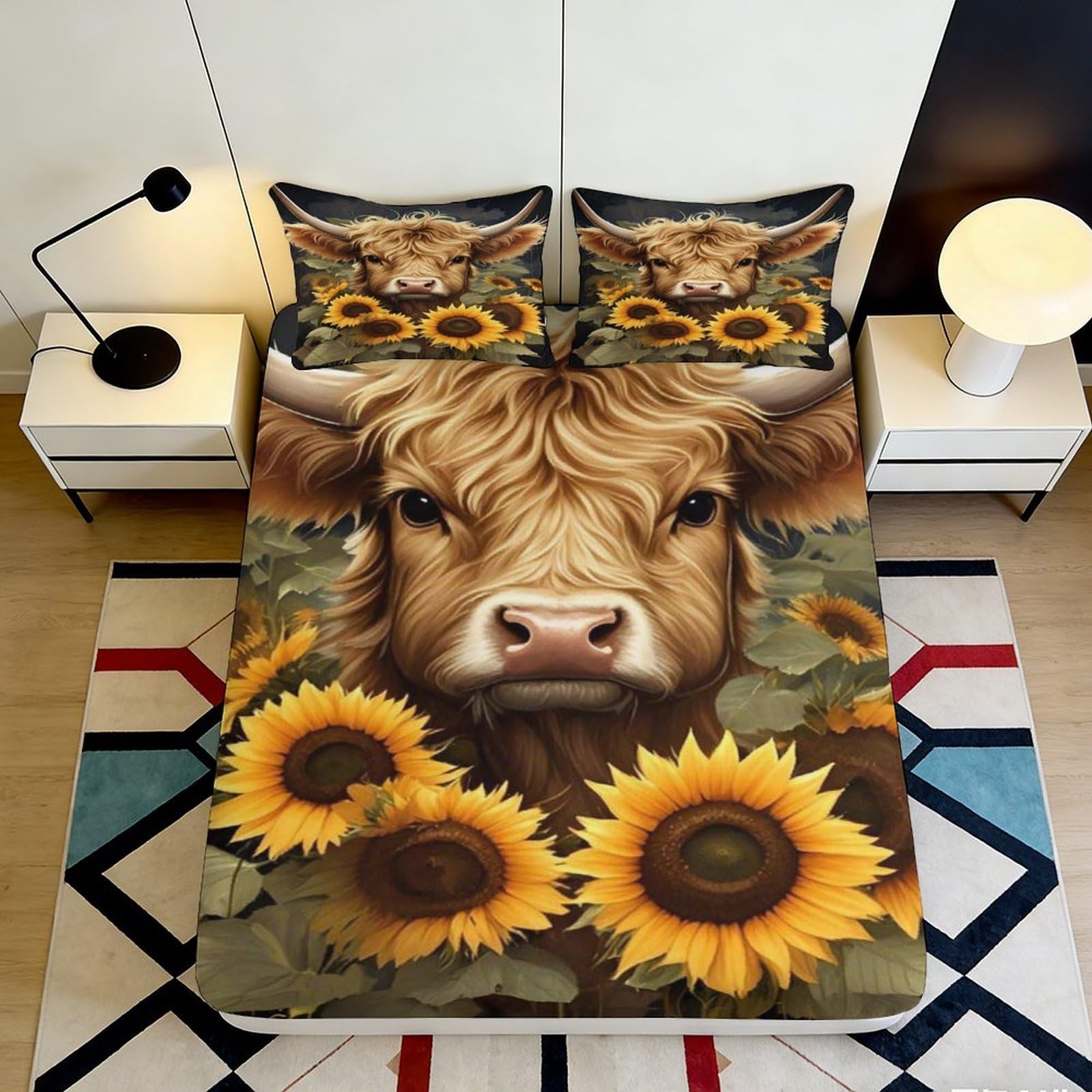 3D Printed Highland Cow Sunflower Fitted Sheet Microfiber Soft Anti-Slip Bed Cover for Bedroom Dorm Mattress Protection Decor 140x200x25cm