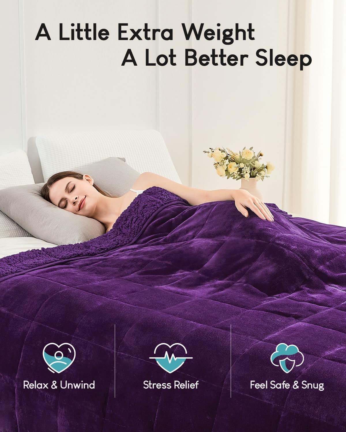 Cottonblue Weighted Blanket 20 lbs Queen Size, Flannel Shaggy Sherpa Weighted Blanket for Adults Comfortable Weighted Blankets for Calming and Relax, Bed Sofa Heavy Blankets, 60x80 inches, Purple