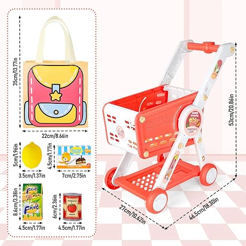 Miniatura 6 de deAO Carrito de compras de juguete para niños, juego de 75 piezas con comida de simulación, frutas, verduras y accesorios, carrito de compras de