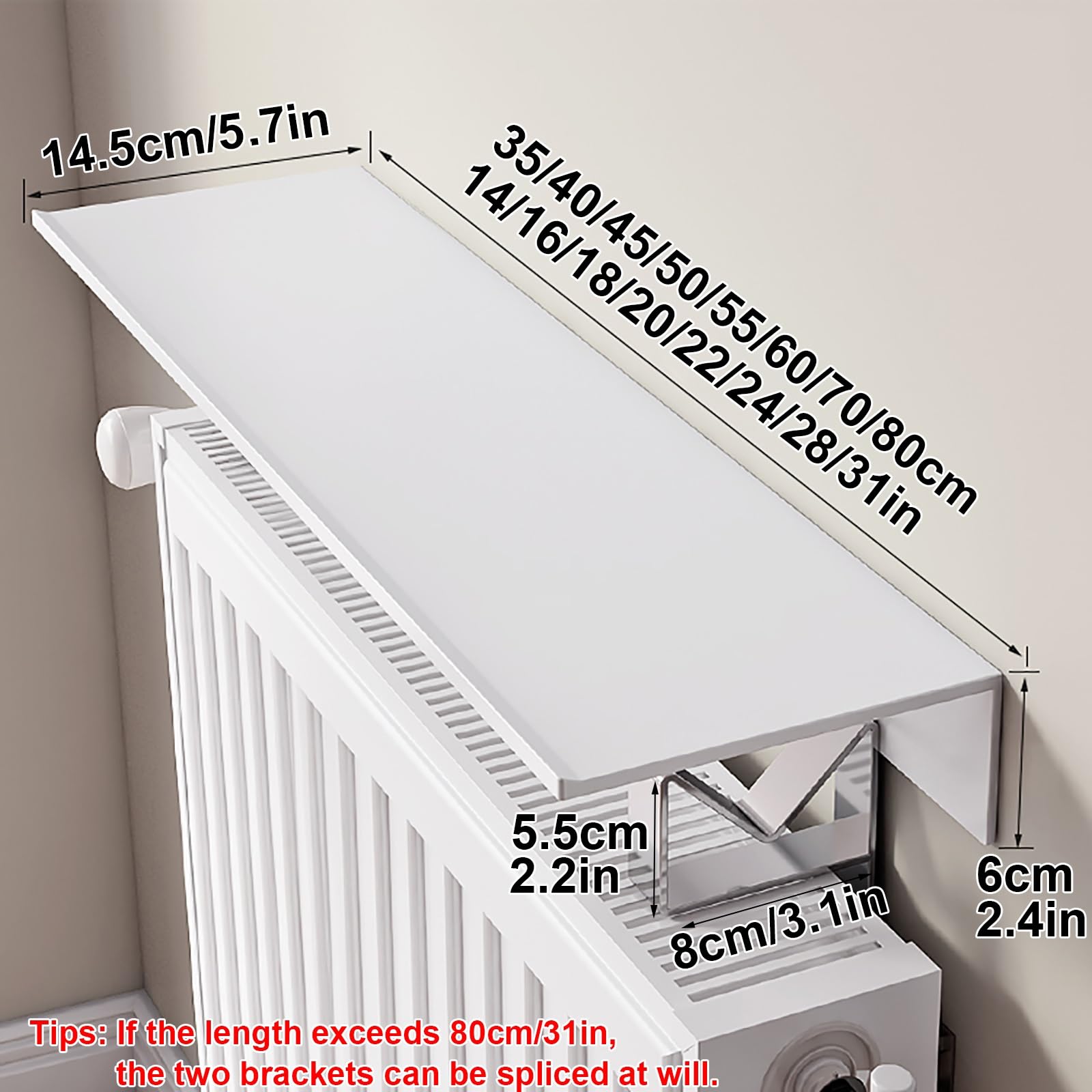 Estante de radiador blanco sin taladrar, estante de calefacción flotante con soporte fácil de montar, cubierta de radiador para el hogar (70 x 14,5 cm), solución de almacenamiento elegante y que