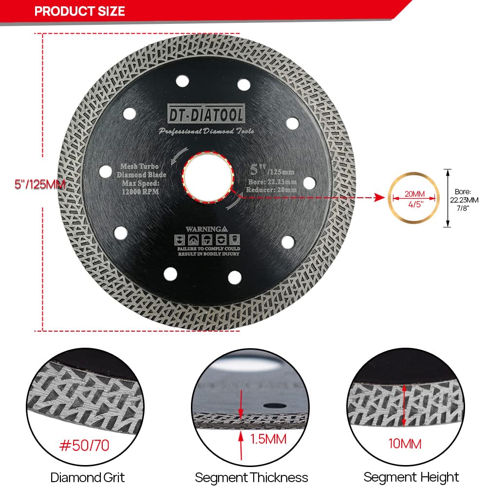 DT-DIATOOL Ostrze do piły diamentowej 5 szt. 5 cali / 125 mm tarcza do cięcia z siatką turbo do płytek porcelanowych marmuru ceramicznego granitu