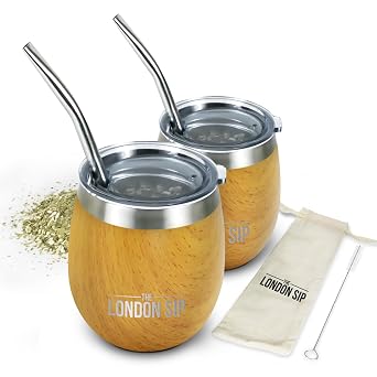 London Sip Yerba Mate Cup and Bombilla Set, Includes 2 Gourds 8 oz each, Spill Resistant Lids, Straws, Bombilla Brush and Pouch Included, Black 2, Light Burl Wood