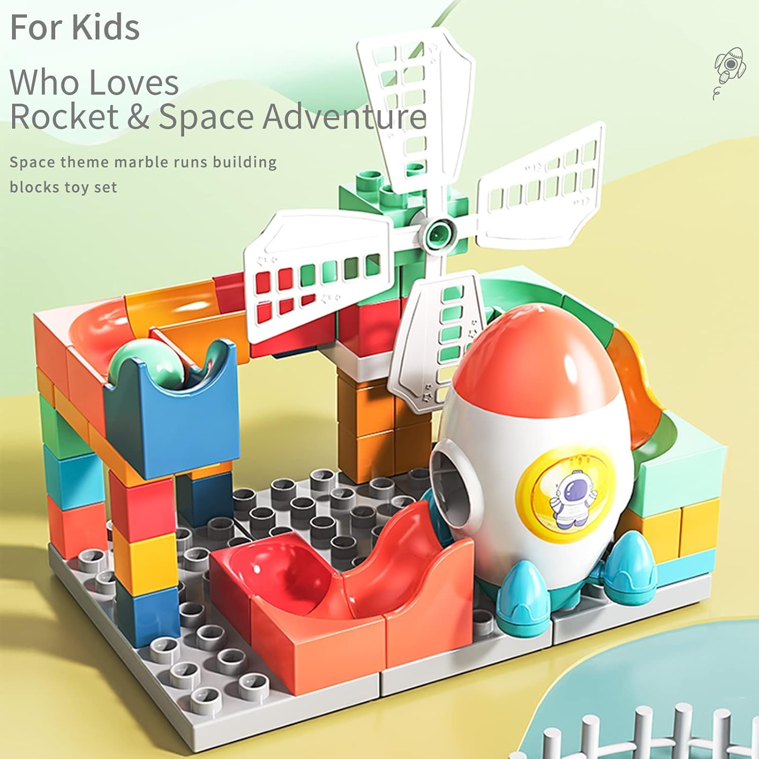 burgkidz Rocket Building Toy Set: 71 Pieces Big Size Blocks Accessories with Windmill & Marble Run, Cool Space Adventure Creative Learning Playset for Boys and Girls 3 4 5 6 Year Old