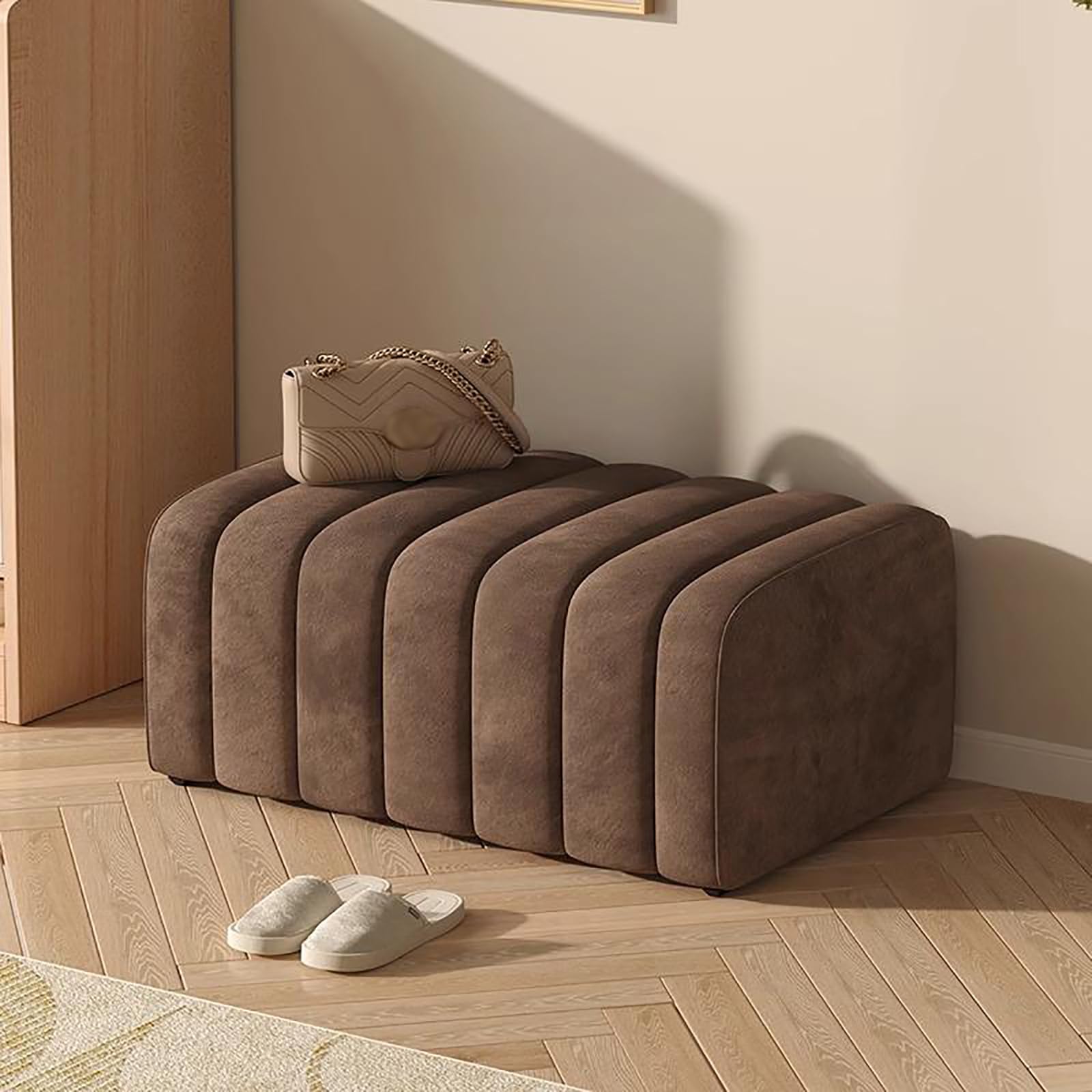 Banc d'entrée en velours 80x40x45cm avec meuble à chaussures en bois massif toast
