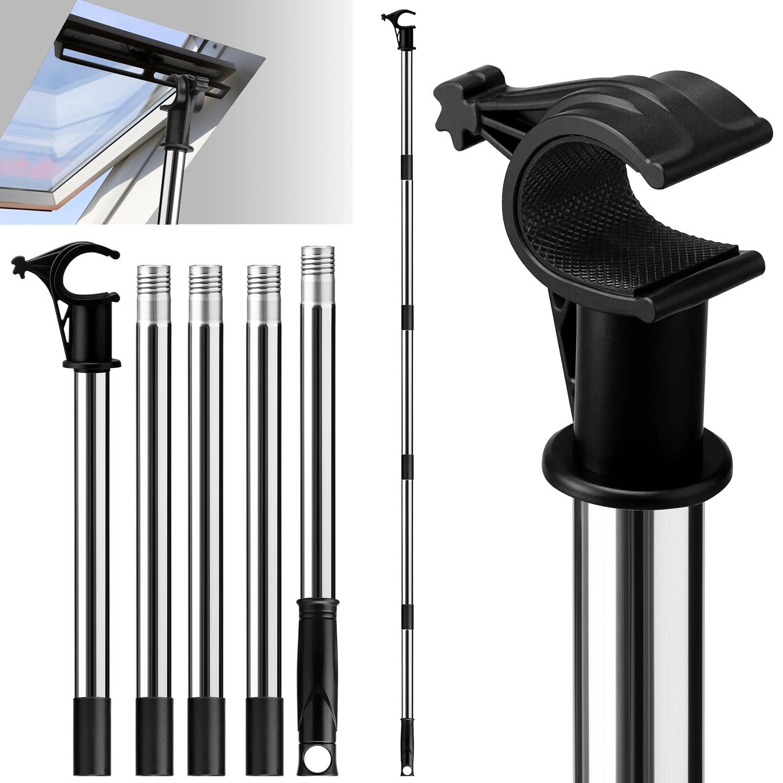 Apri palo per finestra, asta telescopica multiparte da 1,86 m, con gancio, compatibile con tende Velux GGL/GGU per lucernari, in acciaio inox, per scale a soppalco, finestre scorrevoli verticali