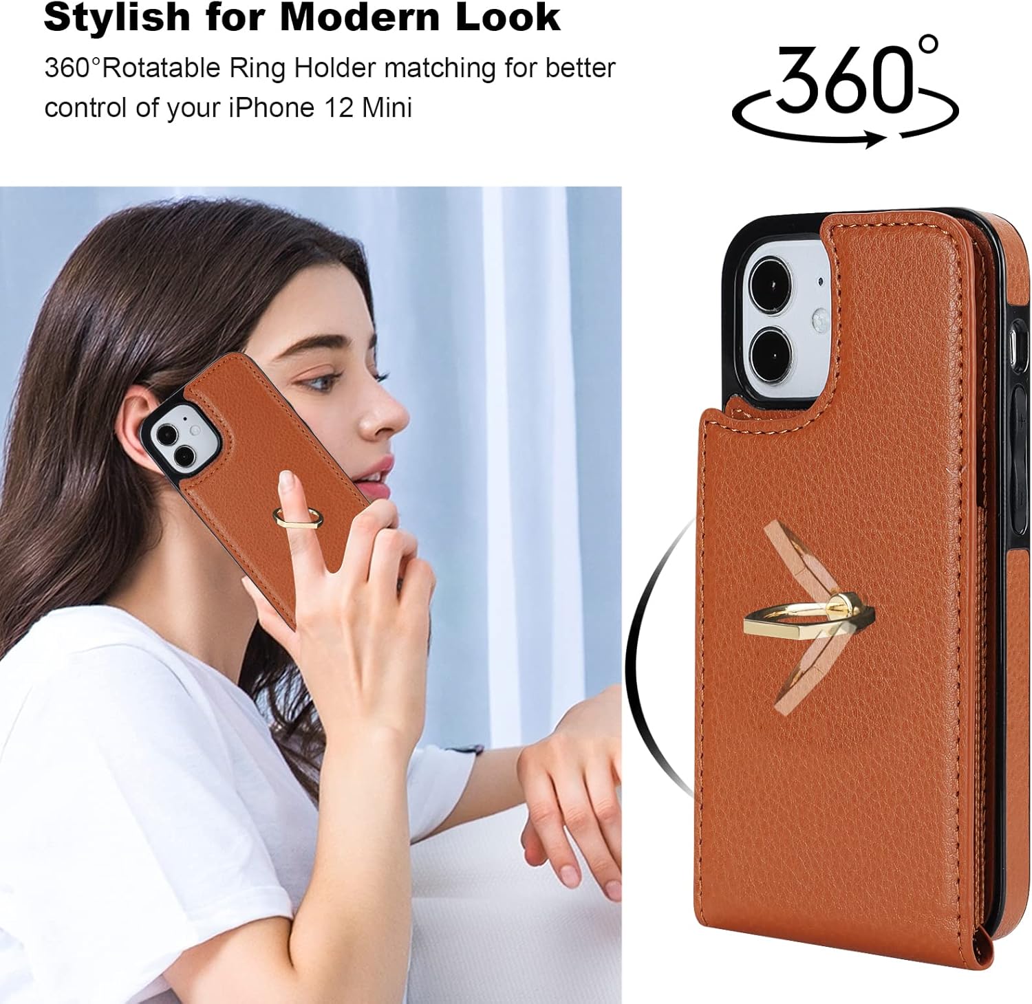 Folosu Compatible with iPhone 12 Mini Case Wallet with Card Holder, 360°Rotation Finger Ring Holder Kickstand Protective RFID Blocking PU Leather Double Buttons Flip Cover 5.4 Inch Brown