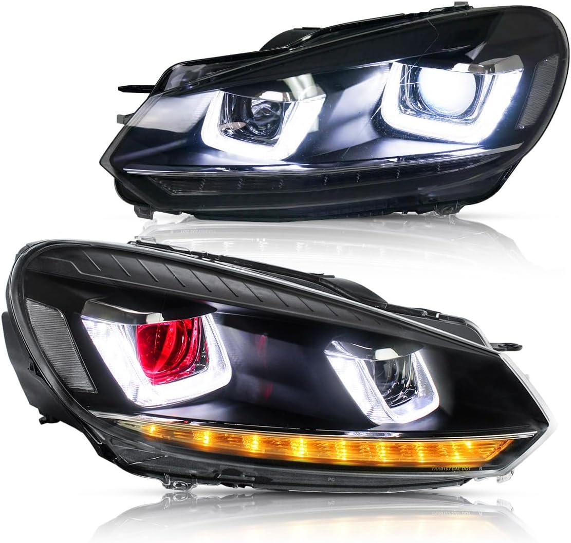 VLAND Projector LED Headlights Assembly for Golf 6 2010 2011 2012 2013 2014, with Sequential Turn Signal, Dual Beam Lens, Red Demon Eyes