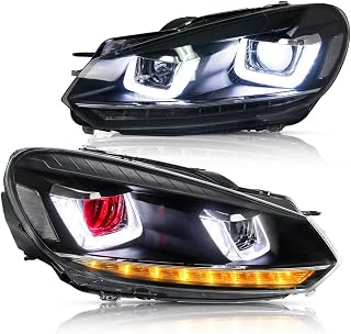 VLAND Projector LED Headlights Assembly for Golf 6 2010 2011 2012 2013 2014, with Sequential Turn Signal, Dual Beam Lens, Red Demon Eyes