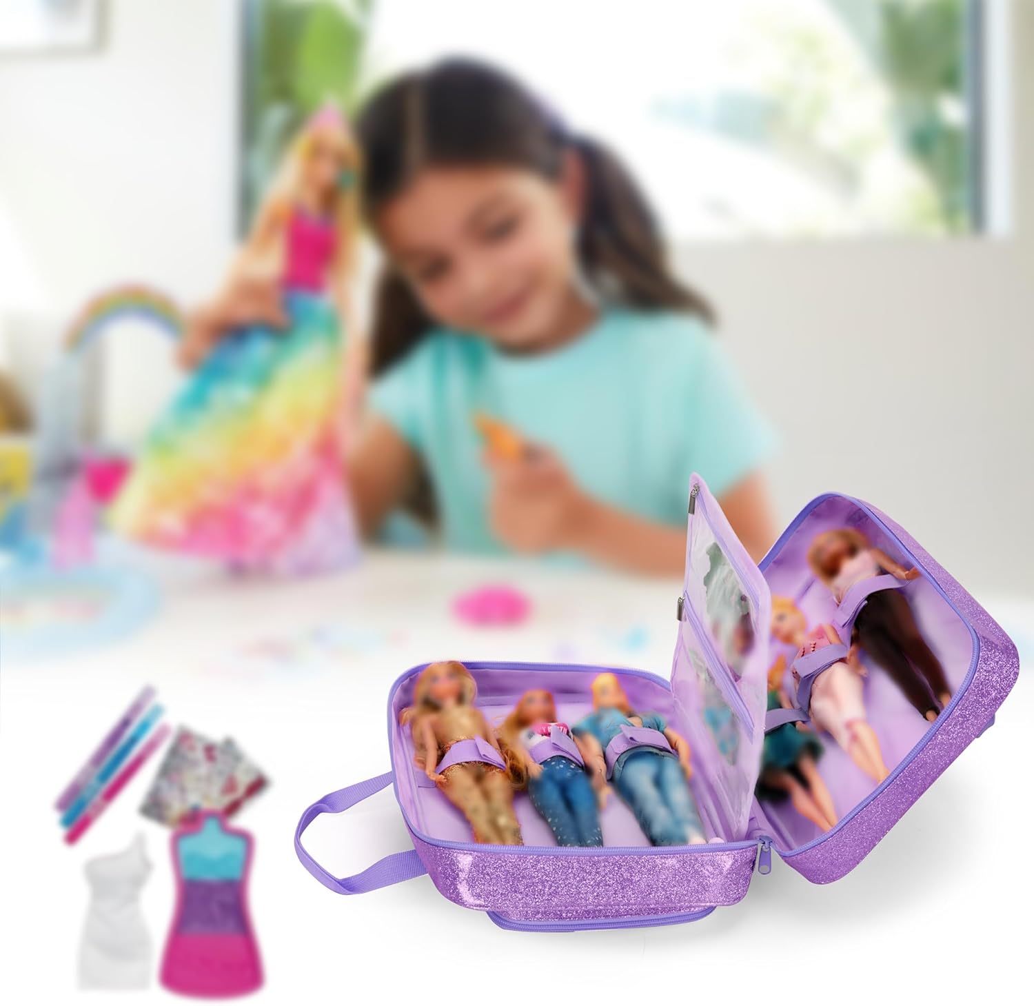 LoDrid Doll Carrying Case Compatible with Barbie Dolls 12-Inch, Storage Organizer with Handle Holds up to 6 Dolls, Multiple Pockets for Accessories, Purple, Bag Only