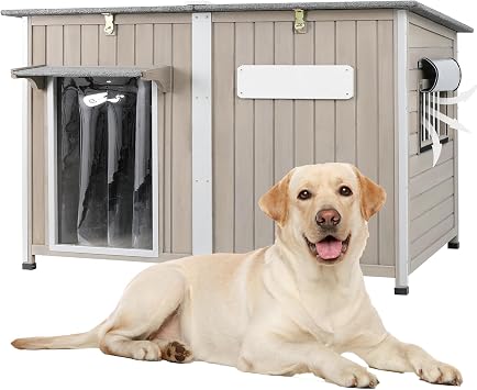 Gowoodhut Large Dog House Outdoor Weatherproof XL Dog House Wooden with Adjustable Vent Window, Chew-Proof Iron Frame, Removable Floor, Easy Assembly for Medium to Large Dogs55" L x 33" W x 35" H