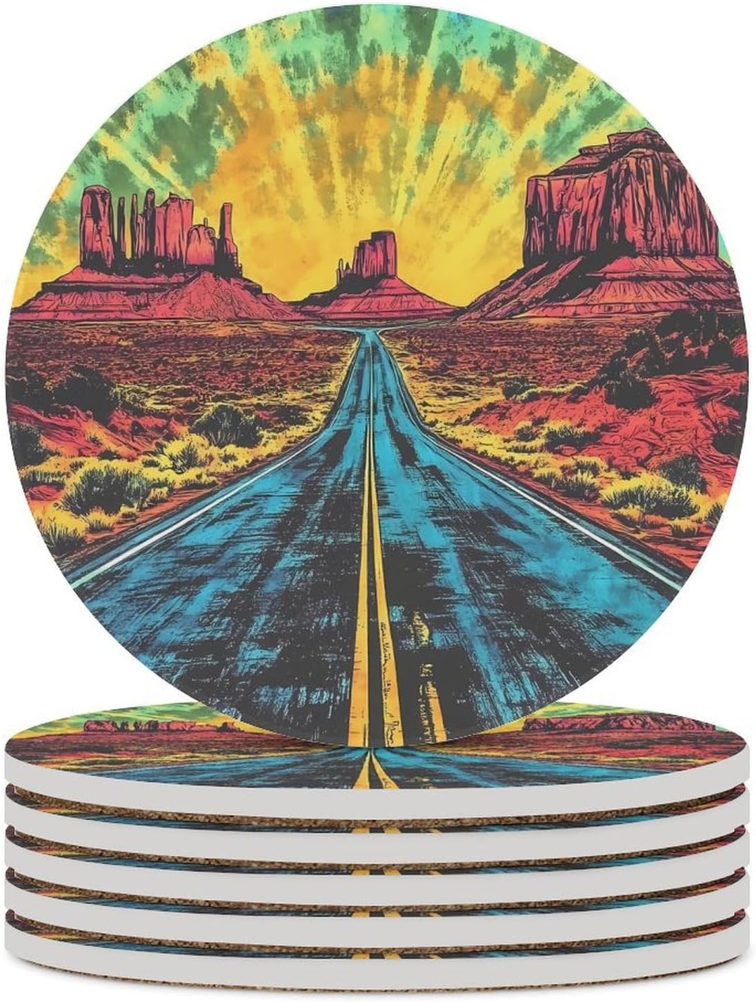 Retro Tiedye Road Desert Round Ceramic Coasters for Drinks Absorbent Cup Holder Tabletop Protector with Cork Base