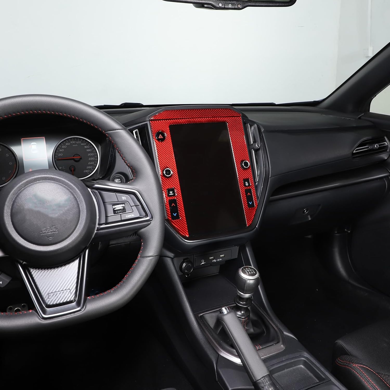 Soft 3D Real Carbon Fiber Car Center Console Display Trim Cover Sticker Trim Decor Trim Kit Compatible with Subaru WRX 2022 2023 Navigation Screen Frame Interior Decoration Accessories (Red)