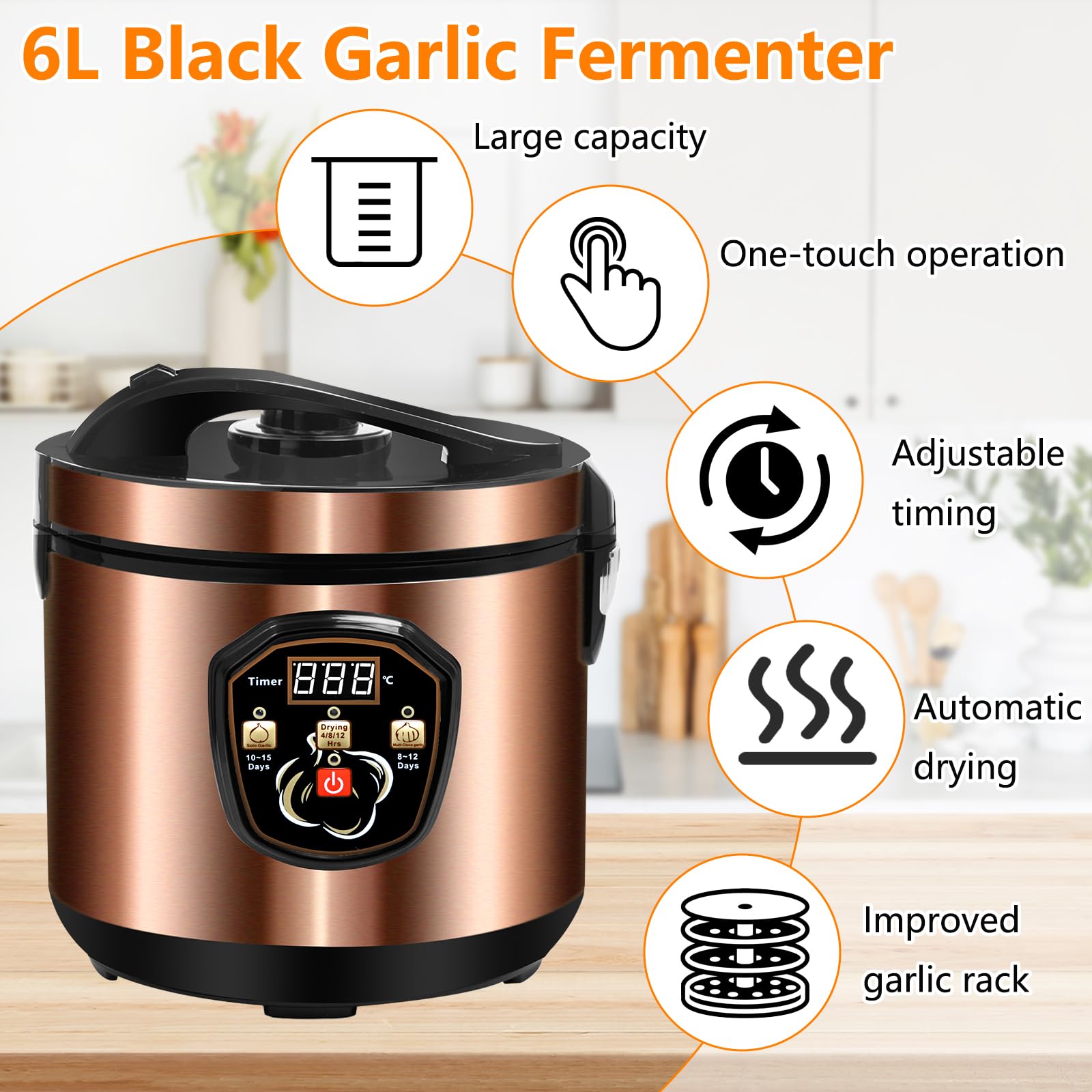 6L Schwarzer Knoblauch Fermenter mit Zeiteinstellung, 360° Konstanttemperaturheizung, Automatische Trocknung, Automatische Intelligente Steuerung Garlics Maker für schwarzen Knoblauch, Joghurt, Natto