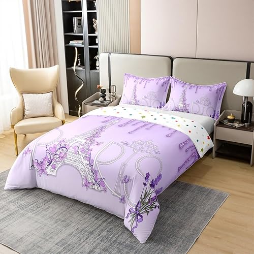 Miniatura 2 de Juego de funda de edredón de algodón 100% natural de la Torre Eiffel, tamaño completo, degradado morado y blanco con purpurina, juego de ropa de