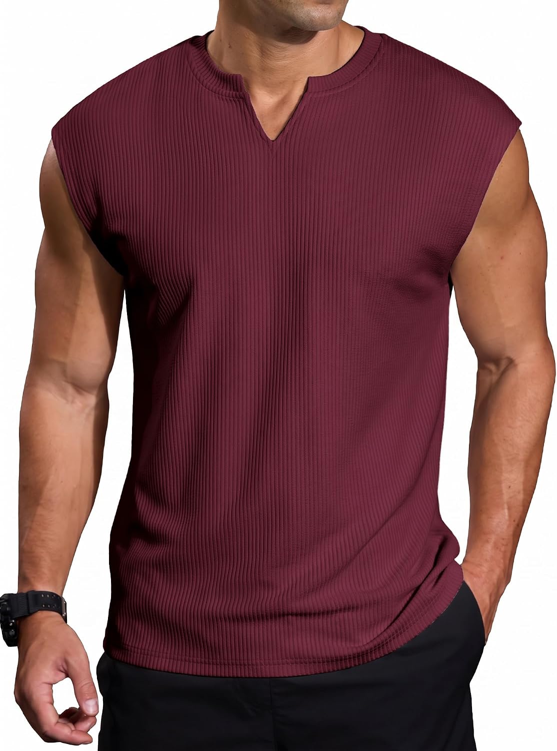 Comdecevis Men's Casual V-Neck Ribbed Knit Workout Tank Tops XL Wine Red