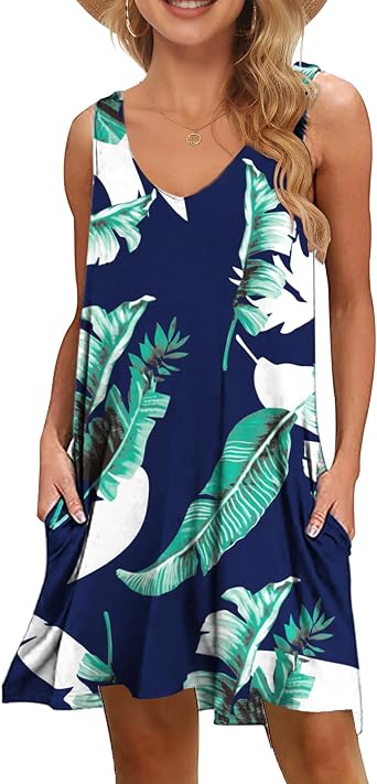 WNEEDU Women's Summer Beach Dresses Casual Sleeveless Cover Ups V Neck Swing Tank Dress wtih Pockets