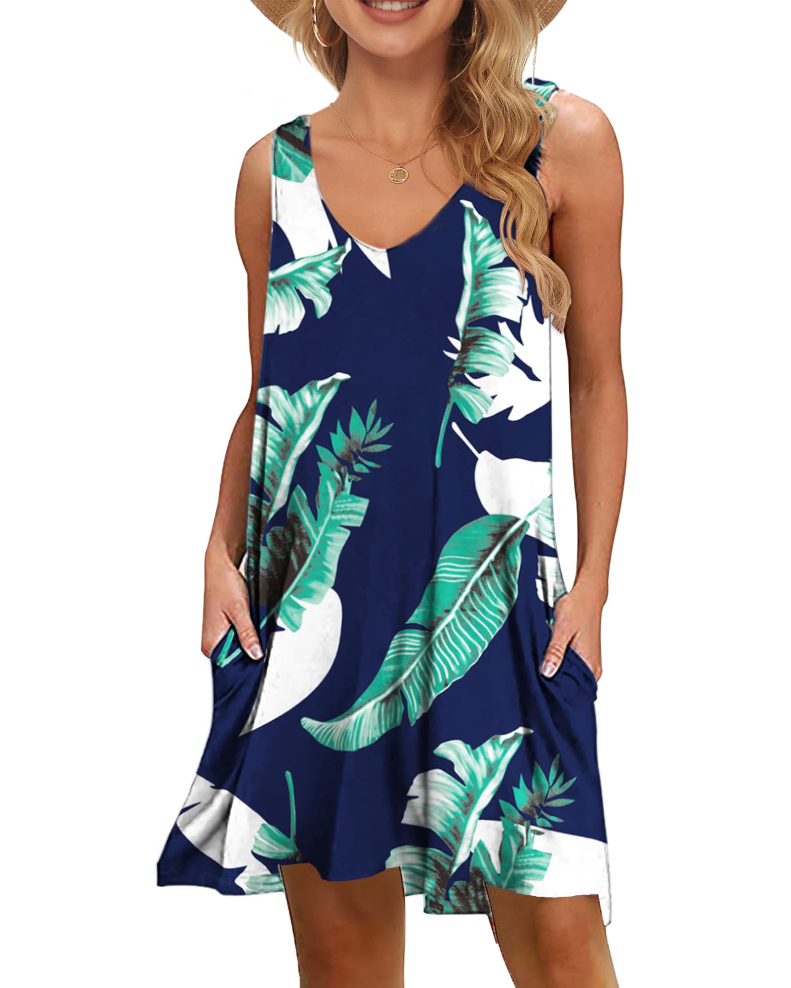 WNEEDU Abito Donna Estivo Copricostume Vestiti Estivi Corti con Scollo a V Semplice Casual Mare Prendisole con Tasche
