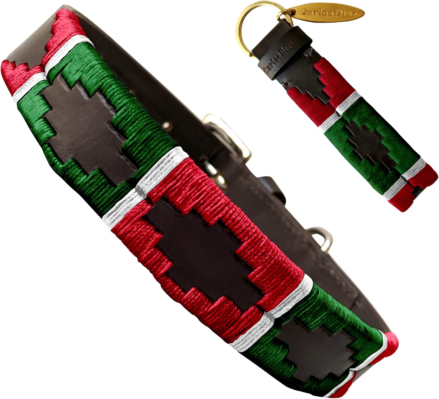 Carlos Diaz Genuine Leather Waxed Embroidered Polo Dog Collar M, Brown, M | 38-48 cm (15"-18.9")