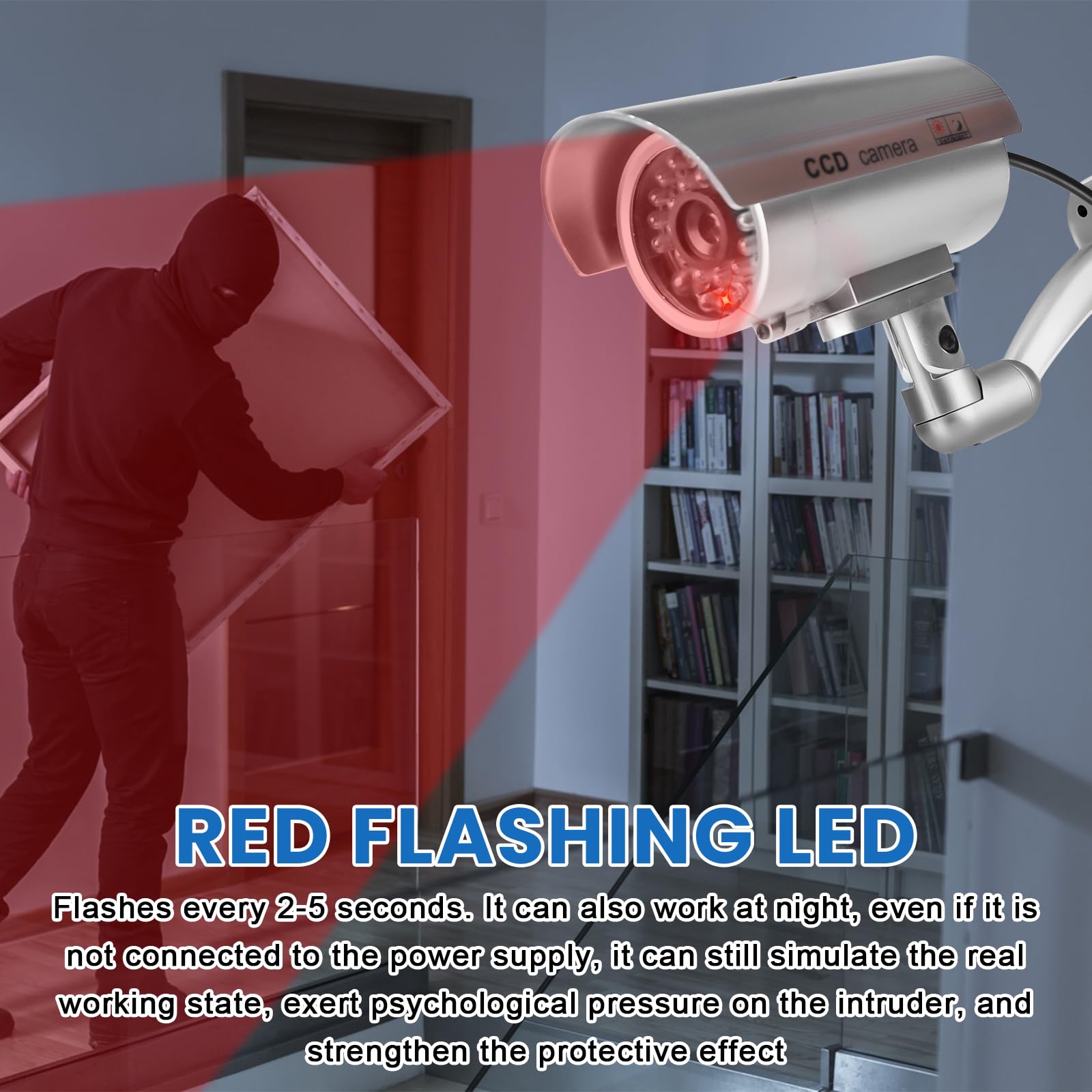 Sporgo 2 pezzi telecamera di sorveglianza: Dummy telecamera di sorveglianza esterna con luce a LED rossa lampeggiante, atrappe telecamera di sorveglianza finta fotocamera di sicurezza per interni ed