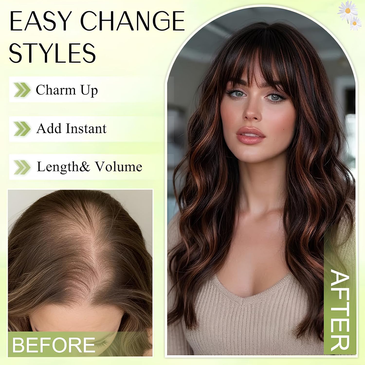 Hair Toppers for Women, 18 Inch 360° 3D Synthetic Clip in Bangs Topper Long Wavy Curly Hair Pieces Adding Volume（Black）