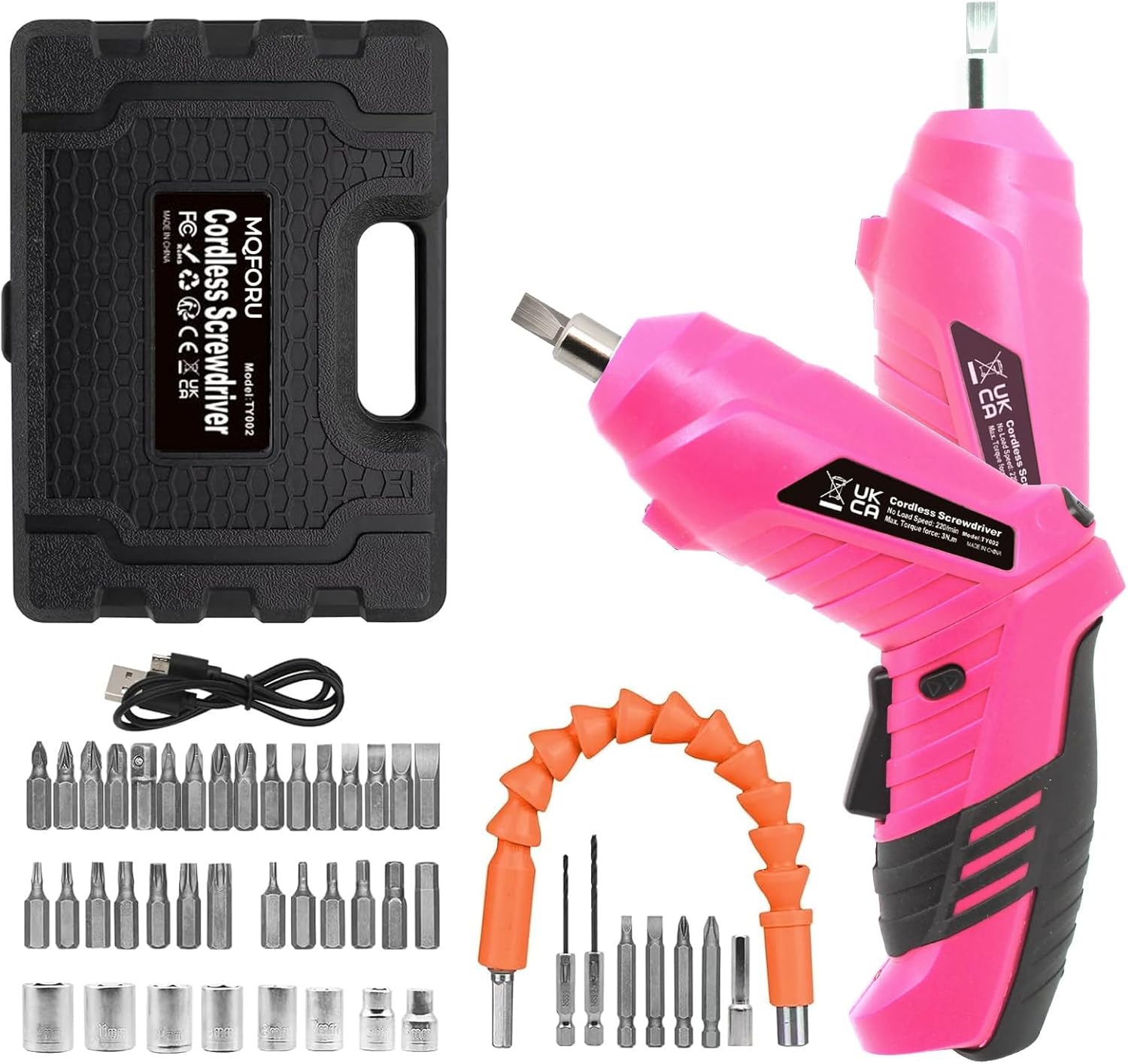 MQFORU Pink Cordless Electric Screwdriver Set: 3.7V Rechargeable 3Nm Torque, 47pcs Bits, LED Light, Flexible Shaft & 2-Position Handle for Women DIY