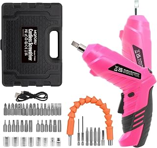 MQFORU Pink Cordless Electric Screwdriver Set: 3.7V Rechargeable 3Nm Torque, 47pcs Bits, LED Light, Flexible Shaft & 2-Position Handle for Women DIY