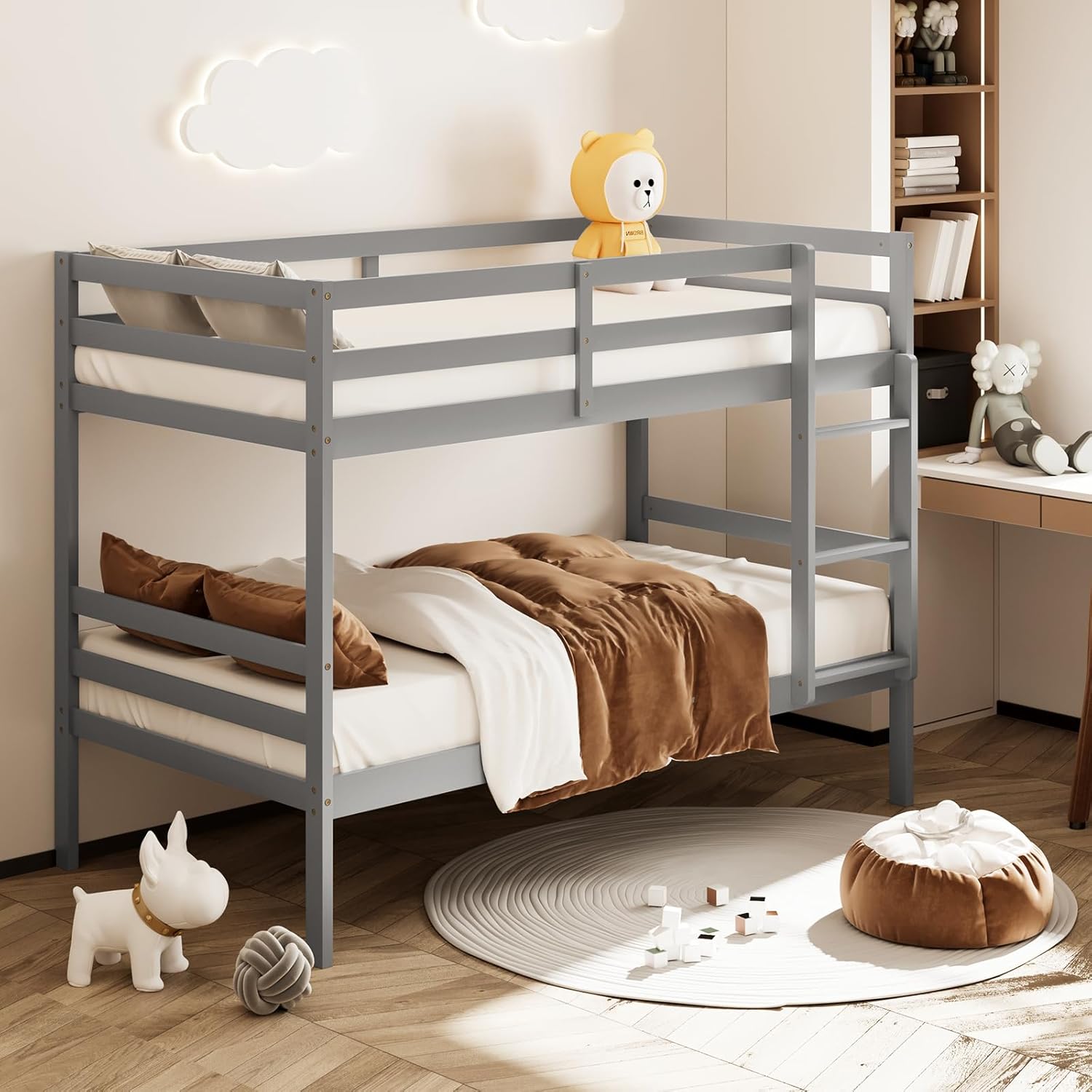 Giantex Bunk Bed Twin Over Twin, Solid Wood Bunk Bed with Sturdy Ladder & 12 Inch Safety Guard Rails, Twin Size Wood Bed Frame for Dormitory, No Box Spring Needed, Bunk Beds for Kids Teens,Grey
