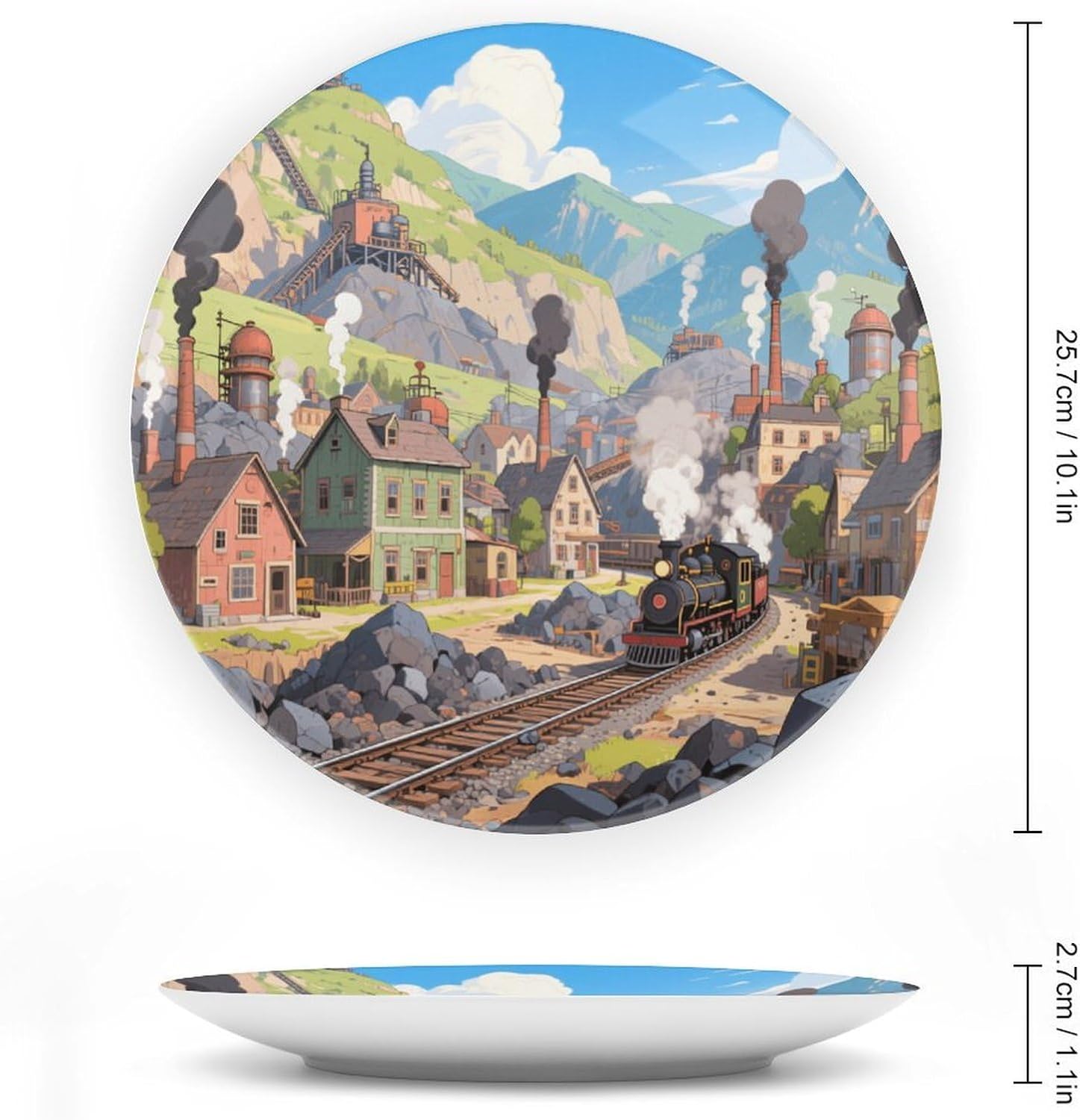 Bone China Decorative Plates Steam Mining Town Ceramic Decorative Plate Wall Decor with Display Stand Ceramic Ornaments for Wall Hanging Decoration