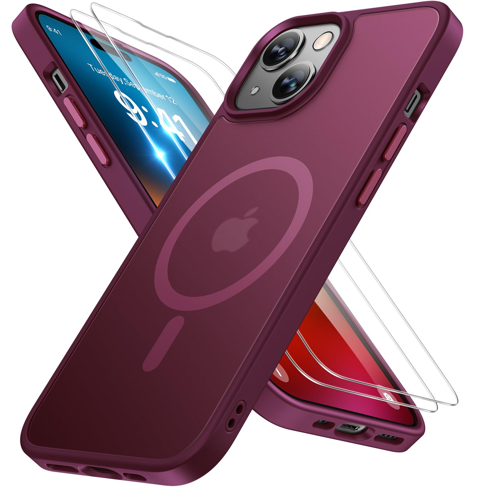 Miracase Magnetic for iPhone 15 Case (Compatible with MagSafe)（with 2X Screen Protectors） Military-Grade Protection, Anti-Fingerprint Translucent Matte Phone Cover for iPhone 15 6.1 inch, Wine Red
