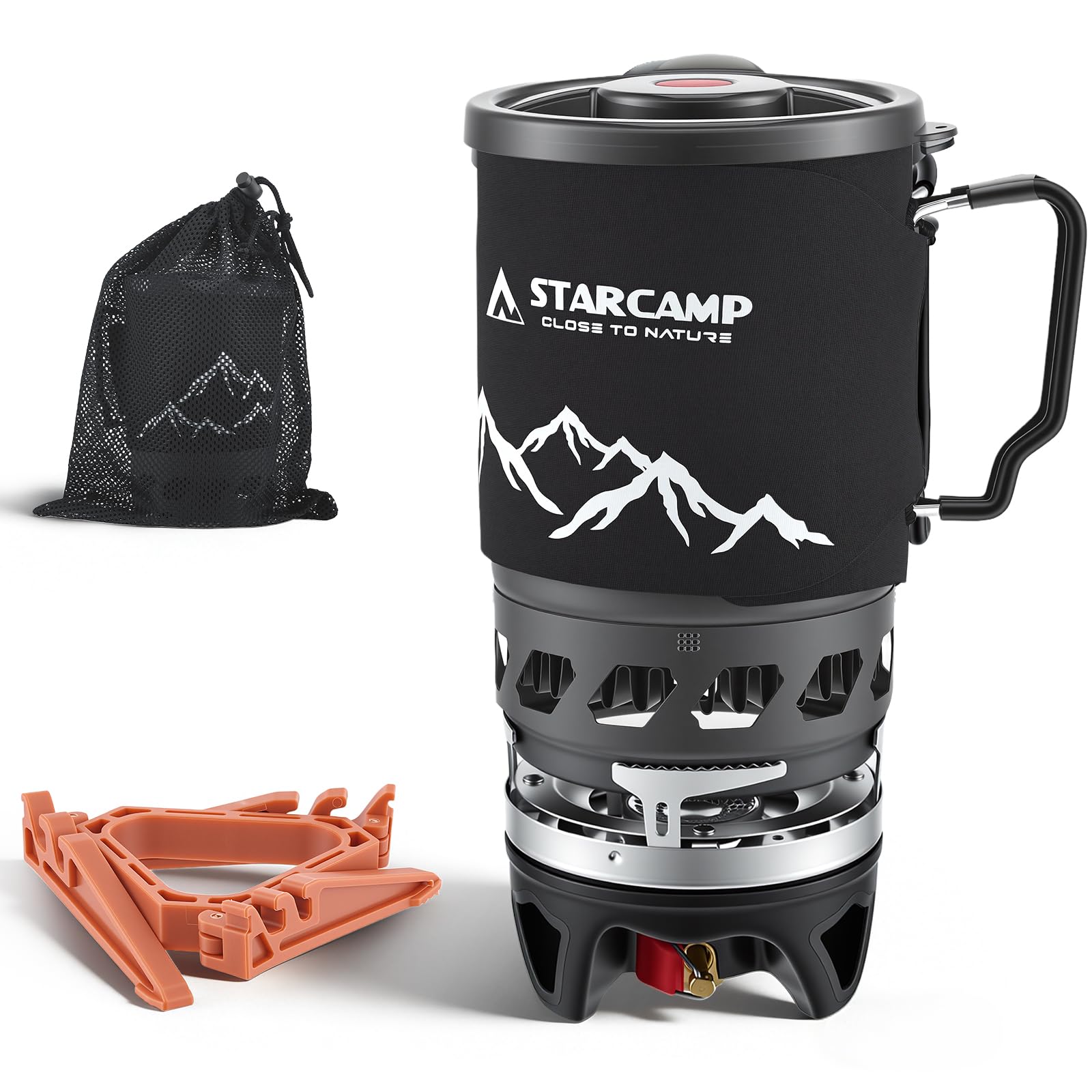 0,9L Réchaud de Camping Gaz Ultra-Léger Système de Cuisson Intégré, Couronne Énergétique, Allumage Piézo & Pot Support – Brûleur Portable Éco-énergétique pour Randonnée, Trekking et Backpacking