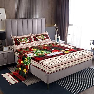 Feelyou Christmas Sheets Queen Size with 2 Pillow Cases Christmas Decorations Bed Sheet Set Santa Claus Bed Sheets Cartoon Snowman Bedding Set for Boys Girls Kids Adults