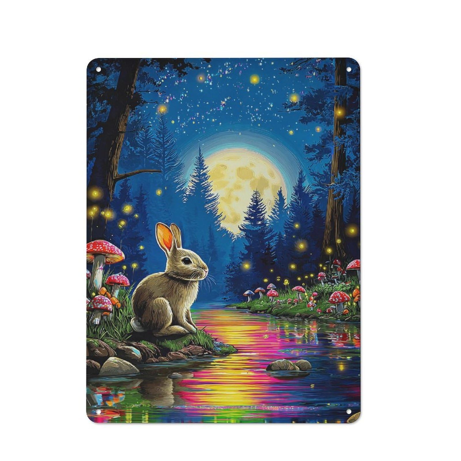Junmoney Enchanted Forest Moonlit Scene With Rabbit Metal Wall Plaque 40X30cm, Vintage Nostalgic Wall Art For Bedroom, Office, Home Bar Or Dining Room