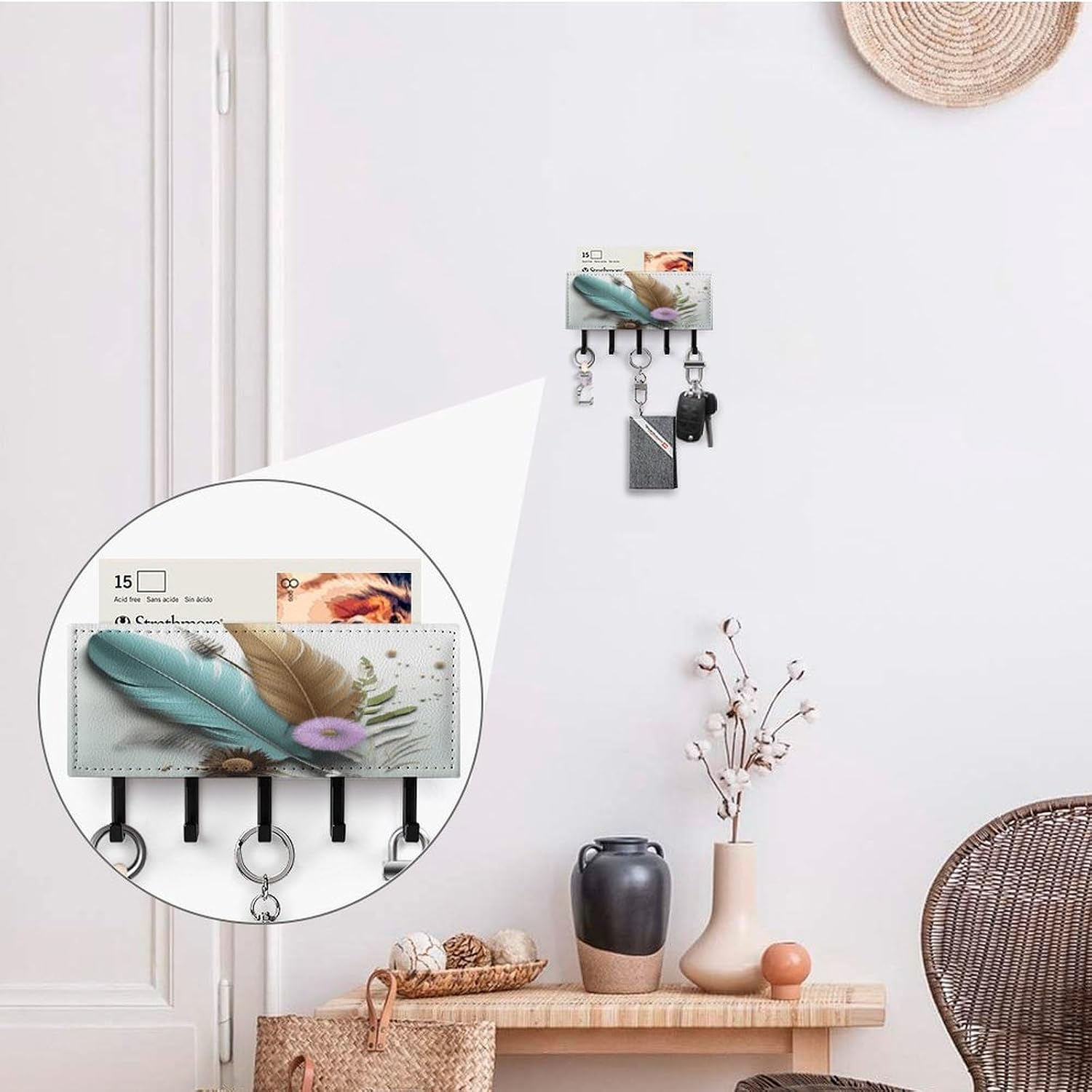 Key Holder Wall Mount Key Hanger with 5 Hooks, Decorative Key Rack | Feather Flower Hanging Key Hooks with Mail Organizer for Wall Living Room Kitchen Bathroom Hallway