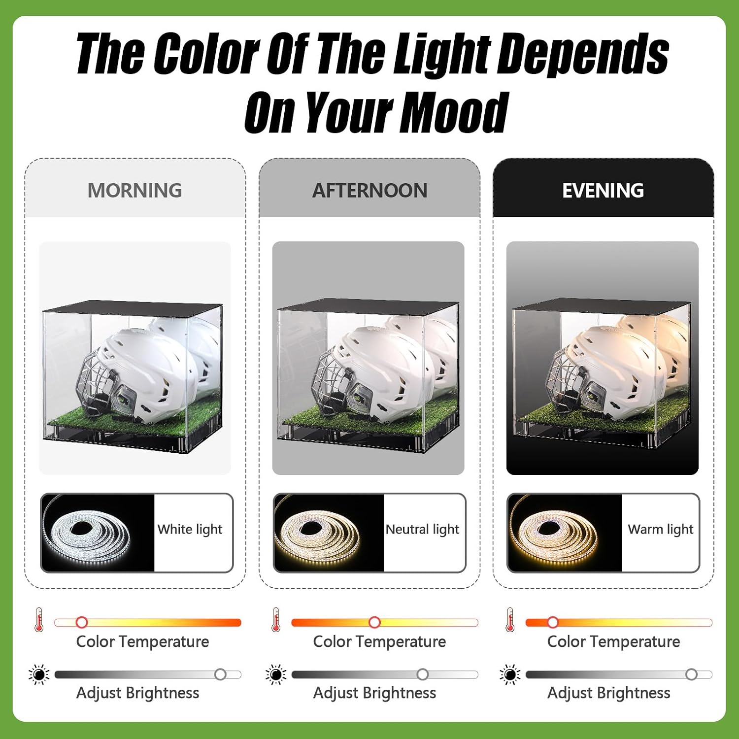 Kigley Football Helmet Display Case Full Size LED Tricolor Light Strip Acrylic Display Case with Mirrored Back with Turf Grass UV Protected Helmet Holder Base for Memorabilia Collectibles