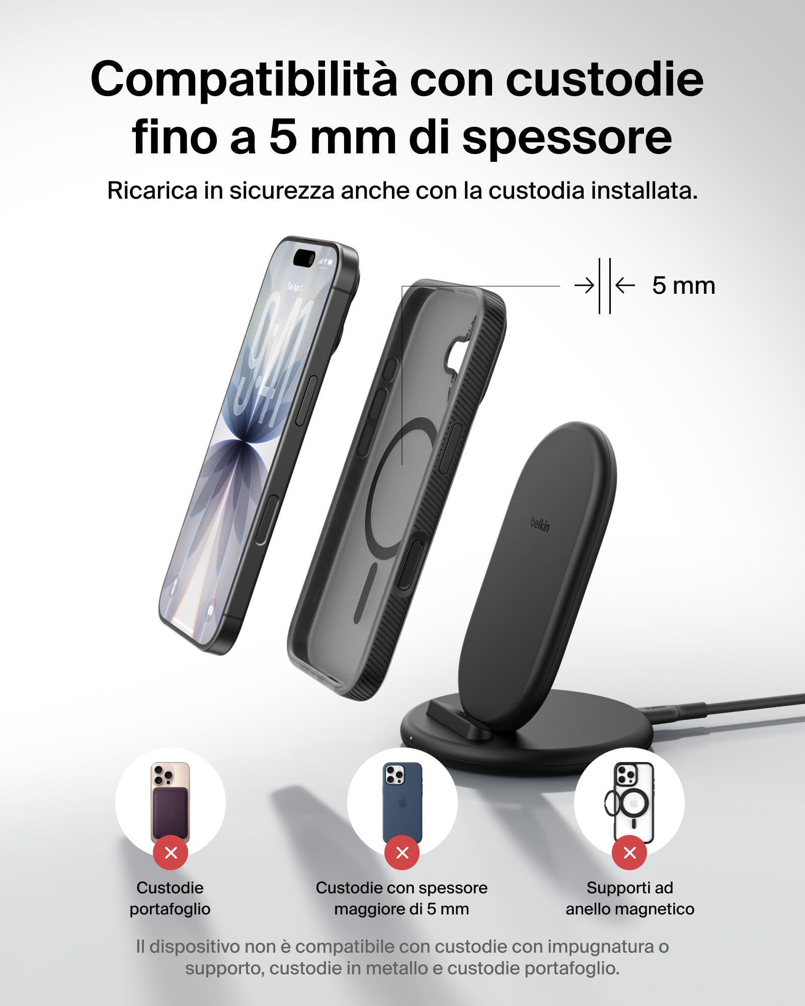 Belkin BoostCharge Caricatore Wireless, Supporto Ricarica Compatibile con Custodie per Telefono, Ricarica Wireless per iPhone, Samsung Galaxy, Google Pixel, Cavo Inclusi, Nero