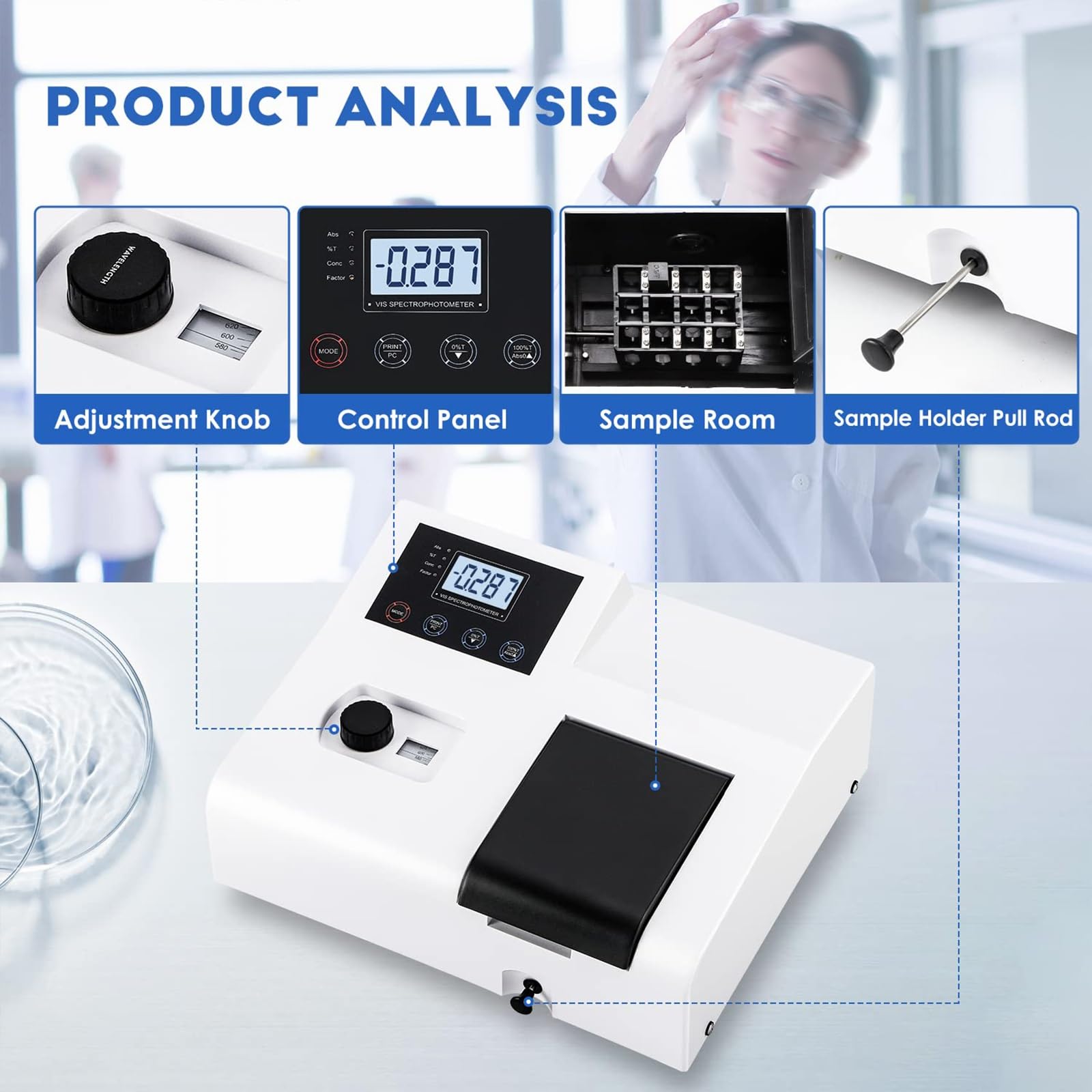 Espectrofotómetro visible, espectrofotómetro de onda LCD portátil con ajuste automático a cero, espectrofotómetros digitales de laboratorio, rango de longitud de onda de 350-1020 nm