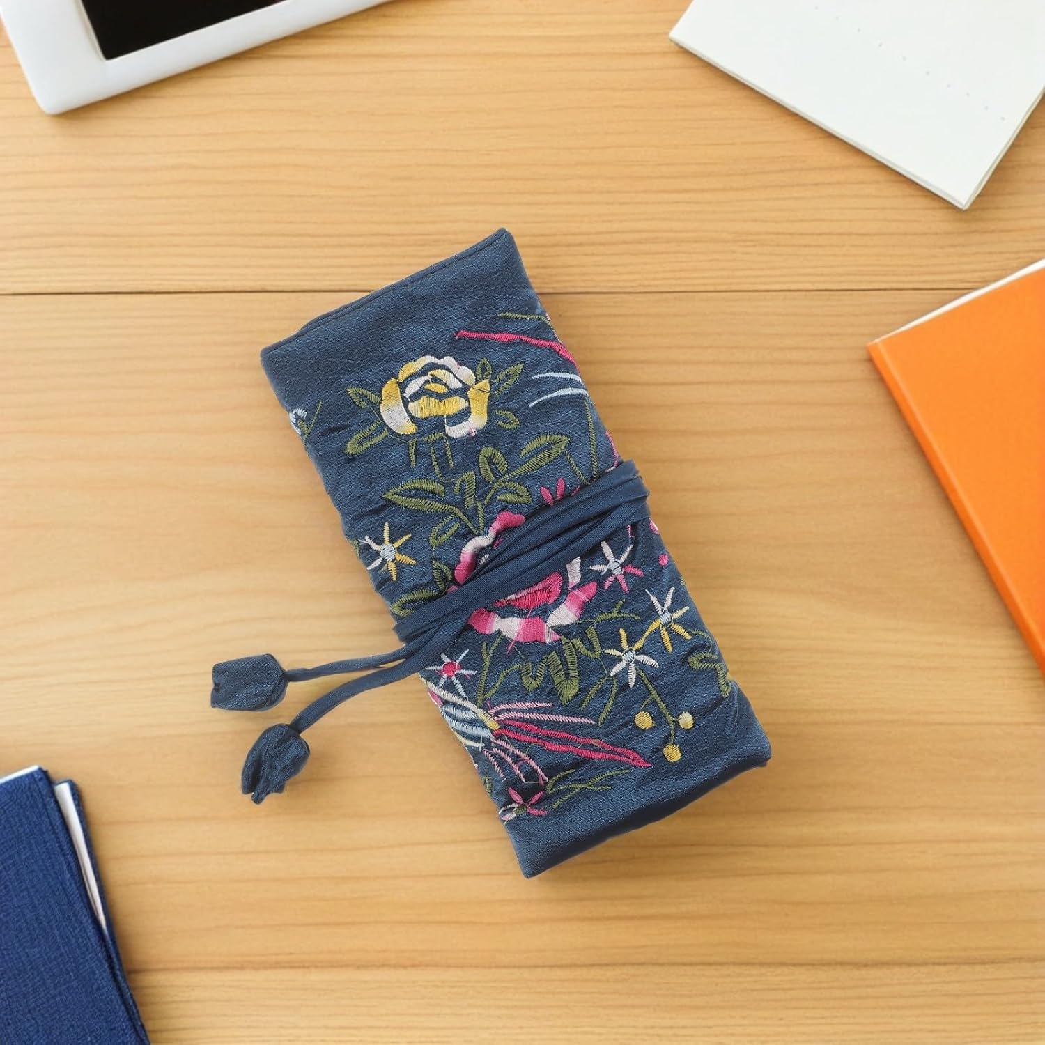 Portable Jewelry Organizer Roll Pouch, Peacock Blue Embroidered Travel Jewelry Holder with Multiple Compartments for Necklaces, Bracelets, Earrings Storage