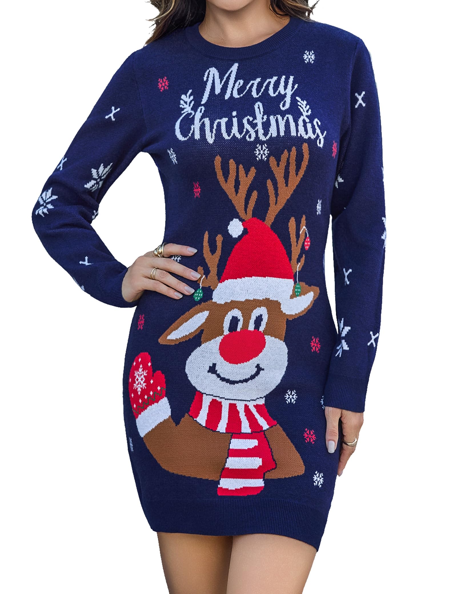 Gyabnw Vestido de Punto Navideño Mujer Manga Larga Cuello Redondo