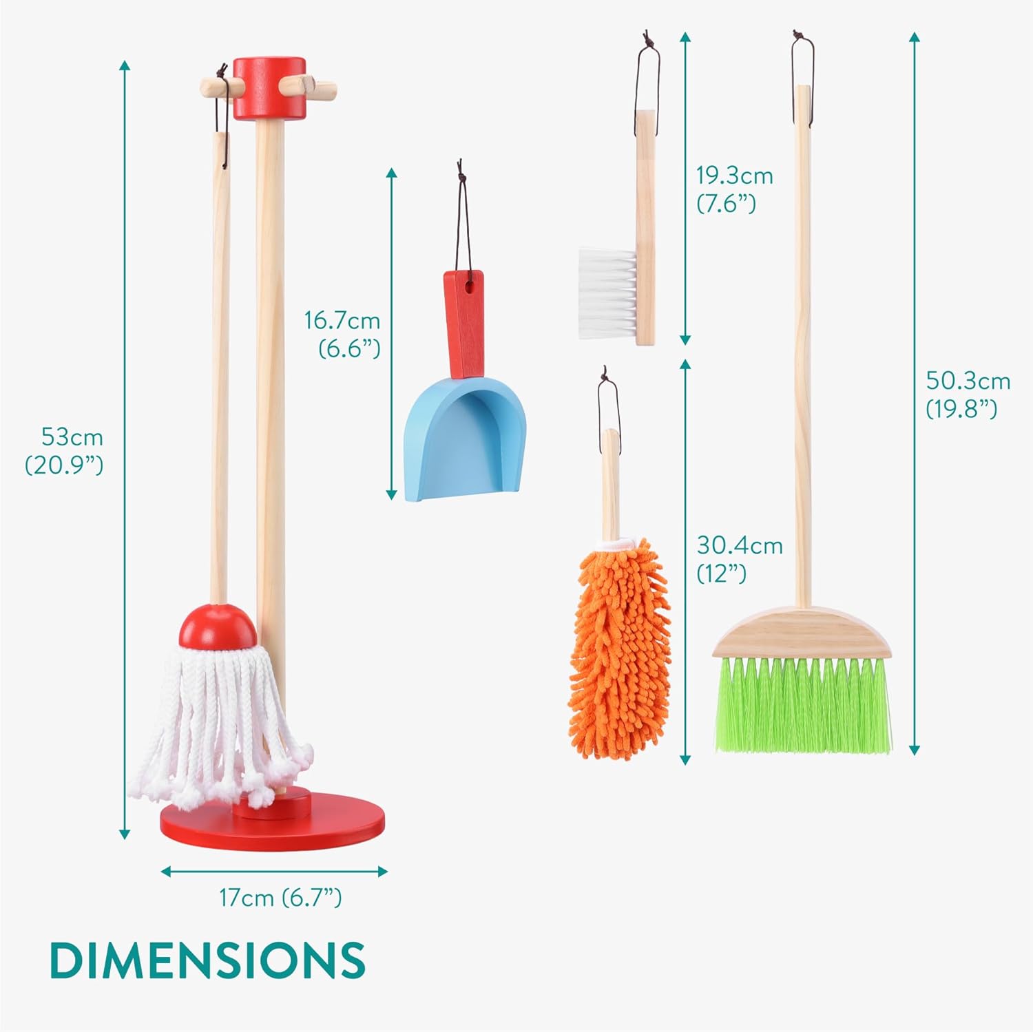 Navaris Wooden Cleaning Set for Kids - 5-Piece Set with Holder Stand - Fun Role Play Wood Cleaning Toys for Children - Includes Broom Brush Dustpan Mop Duster