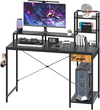 120cm Computer Desk with Hutch & Drawer, Steel & Wood Office Table Black