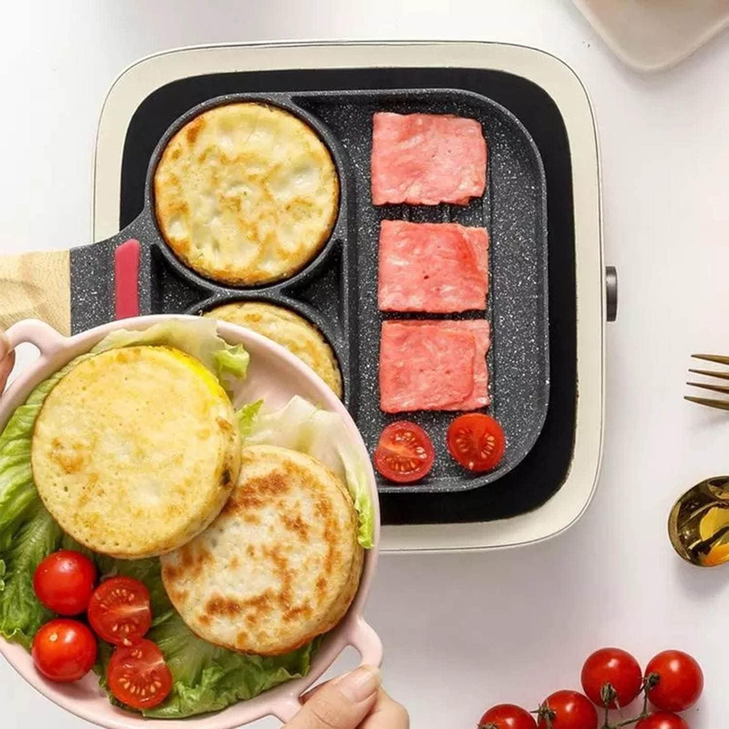 Omelet Pan,Pan Nonstick Egg Frying Pan, Pan Non-Stick Coating 2 Hole Fried Egg Hamburger Pan With Wooden Handle Suitable For Gas Stove And Induction Cooker