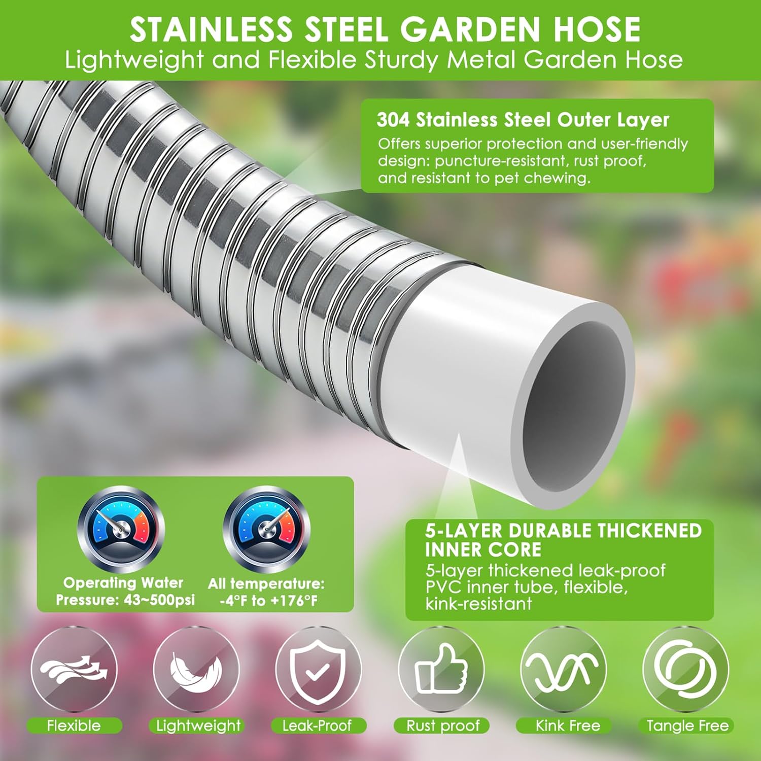 Stainless Steel Garden Hose 25 ft - 304 Stainless Steel Kink-Free Metal Water Hose with Shut-Off Valve & Hose Straps, Heavy Duty, Rust/Puncture Proof for Yard, Lawn and Car Washing, 25 Feet