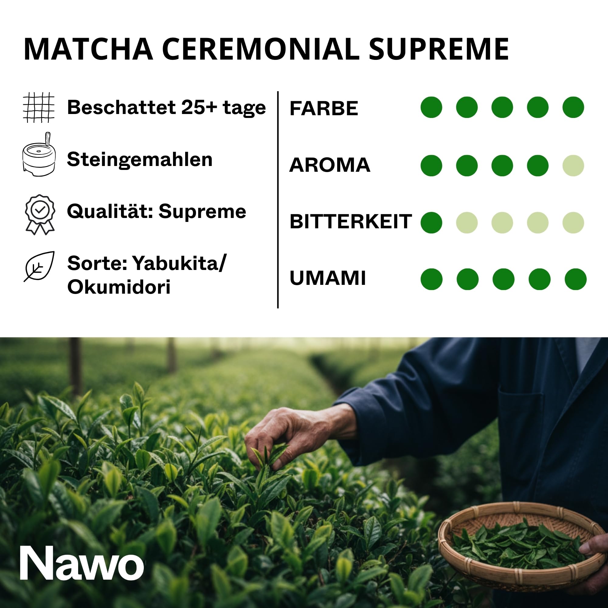 Ceremonial Supreme Matcha 250g – Reines Pulver aus Japan – Original Grüntee – Erste Ernte – Latte – Barista – Laborgeprüft – 100% Natürlich – Zuckerfrei – NAWO® Matcha