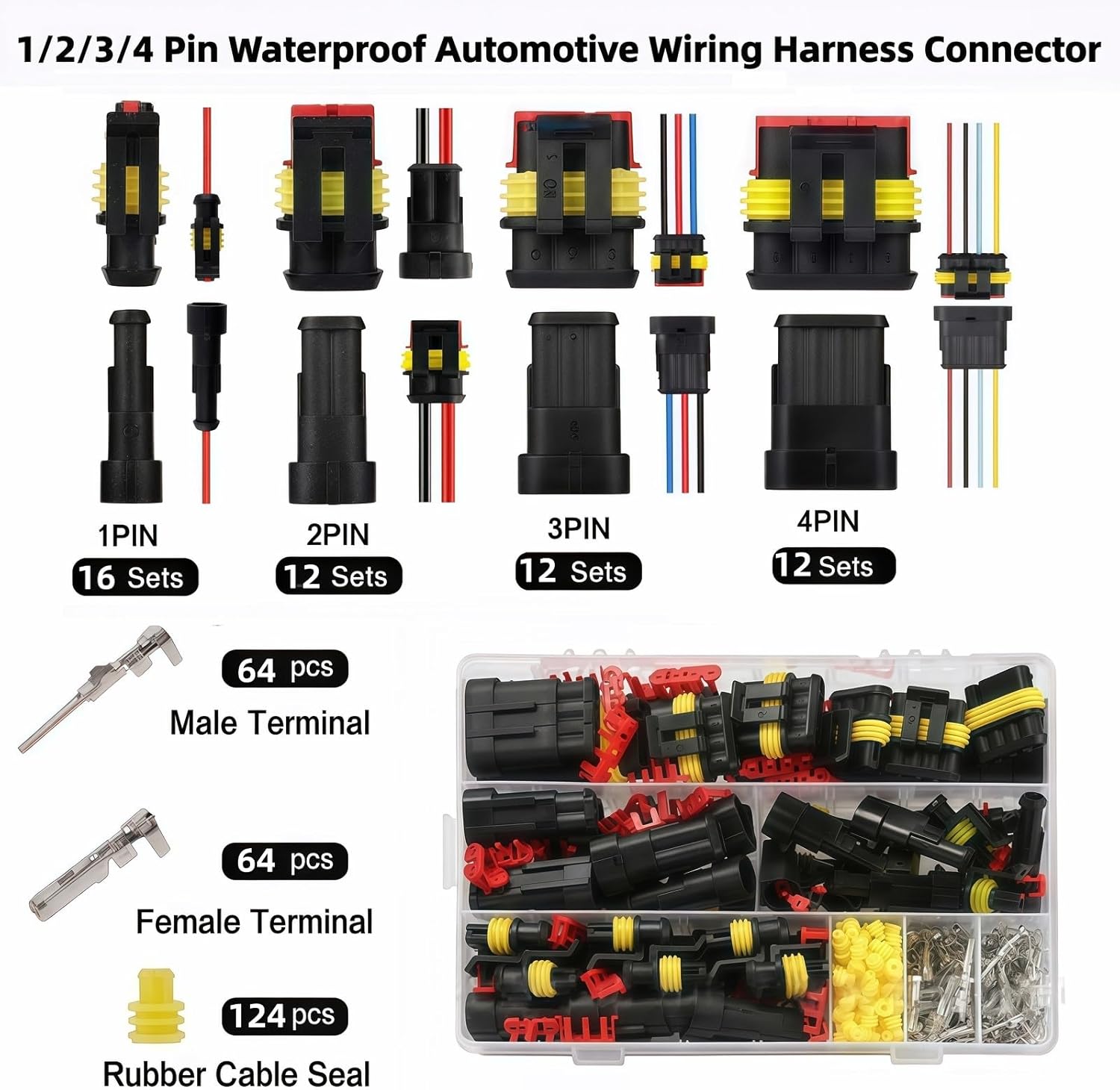 352Pcs Waterproof Automotive Electrical Connectors Kit with 24-16 AWG（0.25-1.5mm²）Ratchet Crimper, 1/2/3/4 Pin Wire Connector Terminals for Car Truck Boat, Weatherproof Electrical Connector Set