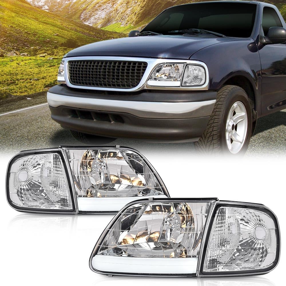 G-PLUS LED DRL Headlights & Corner Parking Lights Compatible with Ford Expedition 1997-2002, Fit Ford F150 1998-2003 Bumper Left & Right Headlamps Clear Lens Chrome Housing Clear Reflector